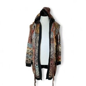 IDYLLWIND Bohemian Knit Patchwork Wool Fringe Hooded Cardigan Sweater XS